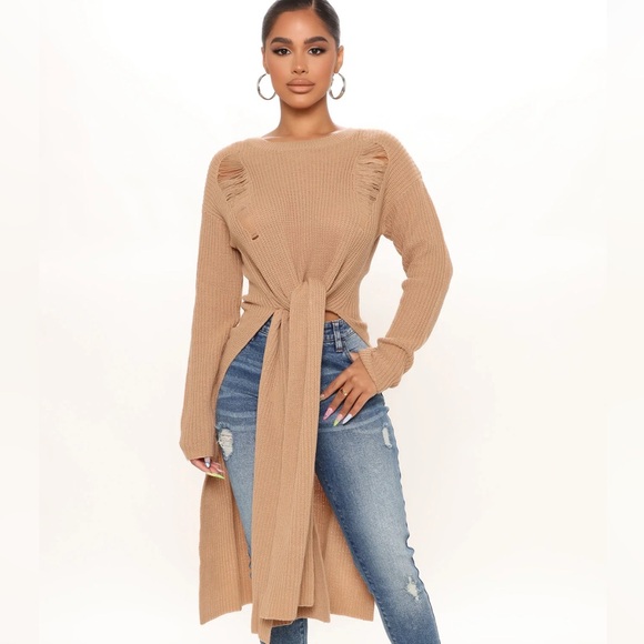 Fashion Nova Sweaters - *NWT* Fashion Nova Kara Tie Front Sweater in Tan - Size Large
